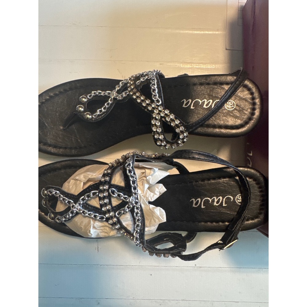 Ja‎ Ja Ruby-02 Wedge Sandals Women 9.5 Black New Rhinestone Chain Strappy